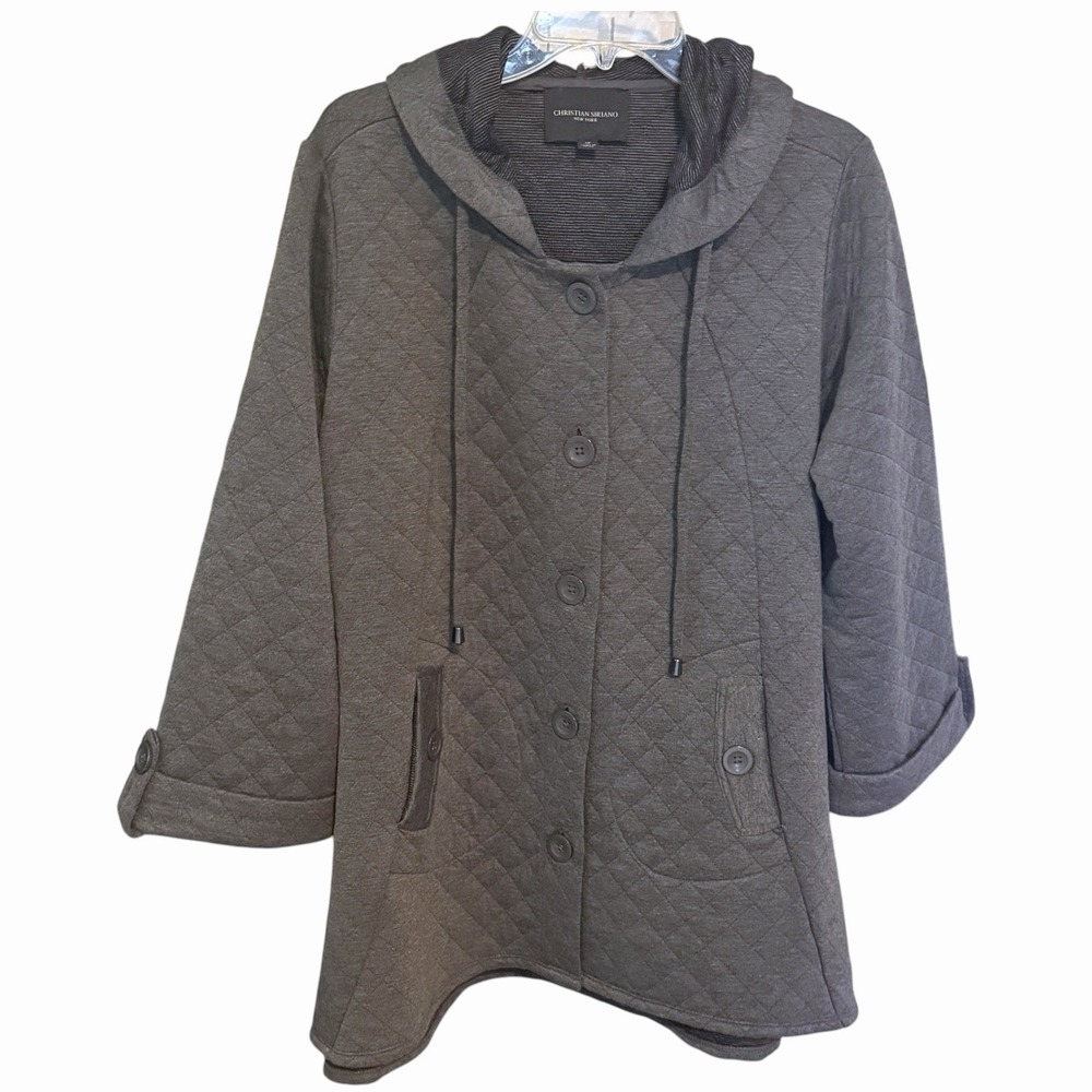 Christian Siriano New York Quilted Hooded Jacket Womens 1X Gray Button Front - Picture 2 of 8